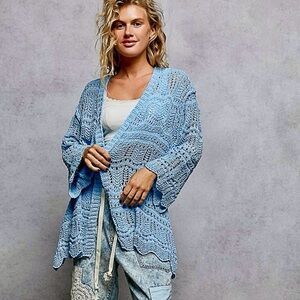 🩵Hello Gorgeous! POL Openwork Lightweight Open Front Cardigan Scalloped Edge